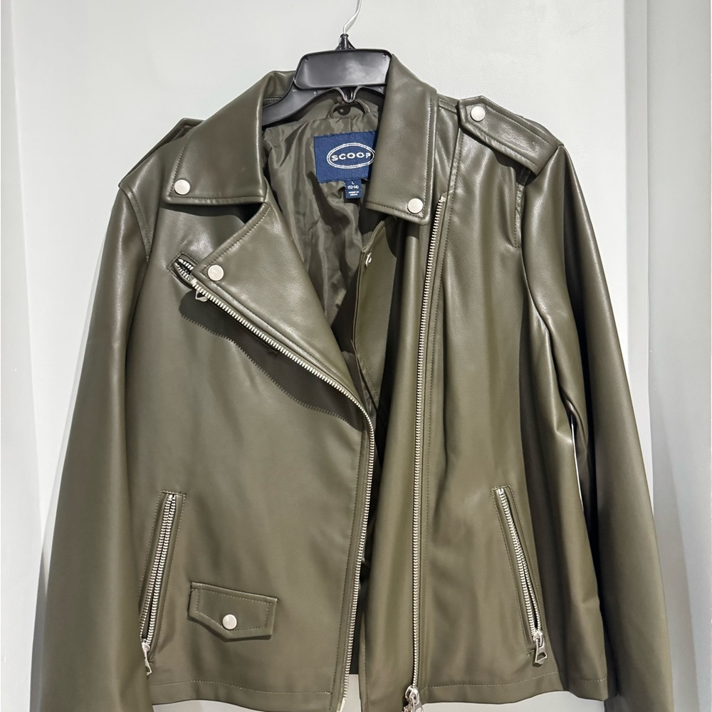 Scoop NYC Green Leather Jacket Asymmetrical Moto Style